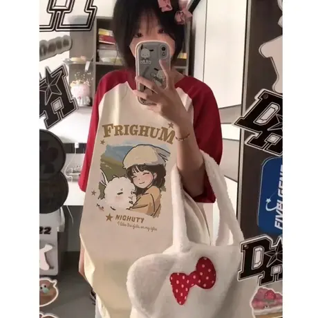 撞色插肩袖短袖t恤女夏季潮牌ins美式复古宽松oversize上衣小个子图片