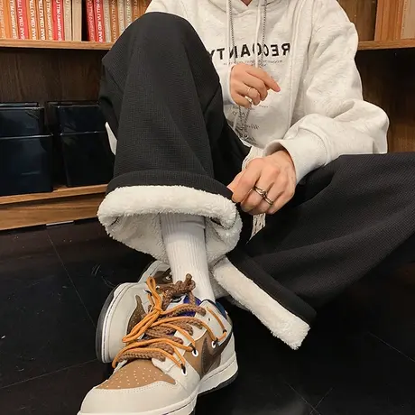 羊羔毛卫裤女秋冬加厚加绒直筒裤子潮休闲宽松抽绳华夫格阔腿裤商品大图