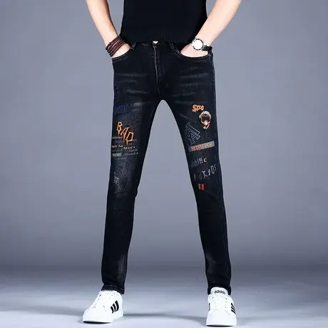 男士高端刺绣花牛仔裤男款秋款高档轻奢弹力潮牌修身小脚休闲裤子商品大图