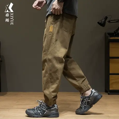 希越美式复古卡其色休闲裤男2023秋冬新品宽松大码胖子束脚九分裤图片