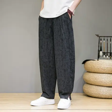 夏季中国风提花亚麻裤子男宽松大码休闲裤复古风透气直筒棉麻裤子商品大图