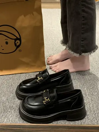 英伦风小皮鞋女2023年夏季新款厚底松糕一脚蹬乐福鞋复古白色单鞋商品大图