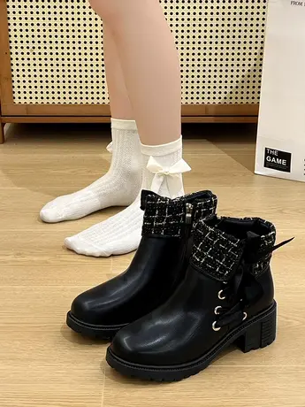 小香风粗高跟短靴女马丁靴2023年新款冬季加绒女靴子百搭春秋单靴图片