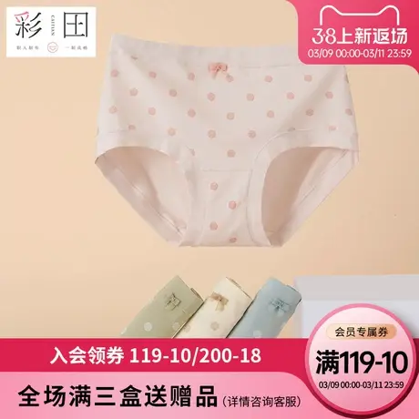 彩田内裤女新款中腰棉莫混纺波点蝴蝶结柔软茶多酚抗菌裆三角内裤图片