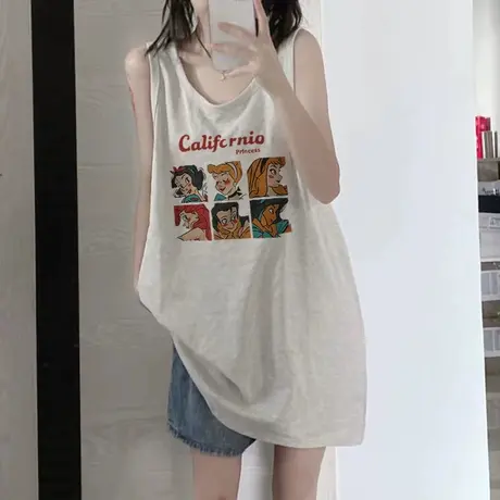 美式复古纯棉吊带运动坎肩背心无袖t恤女夏季外穿宽松篮球服上衣图片