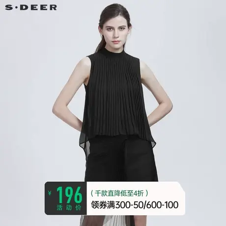 sdeer圣迪奥夏装休闲风琴褶雪纺黑色衬衫女设计感小众S21280606商品大图