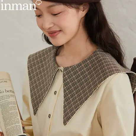 茵曼旗舰店衬衫女款娃娃领复古法式纯棉衬衣小上衣长袖2023初春商品大图