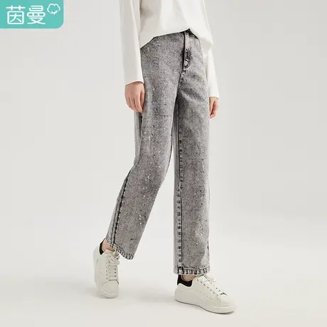 【商场同款】茵曼直筒女2023年冬季新款刺绣显瘦宽松全棉牛仔长裤图片