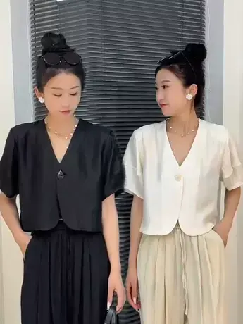 欧洲站设计感小众百搭短袖开衫外套女V领灯笼袖一粒扣休闲上衣夏商品大图