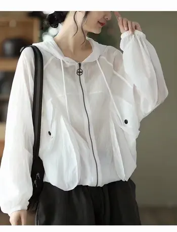 亲肤休闲防晒衣女纯色连帽宽松显瘦简约休闲大码夏季薄款外套女潮图片