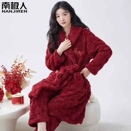 睡衣女款冬季珊瑚绒加绒加厚红色本命年浴袍娇艳家居服睡袍秋冬款图片