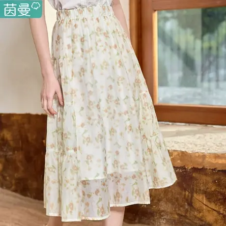 茵曼田园风碎花半身裙女2023年夏季新款松紧腰宽松显瘦A字伞裙子图片