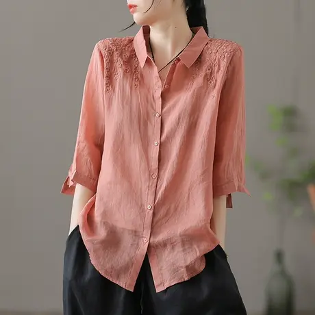 复古七分袖绣花棉麻上衣女夏季2022新款宽松短袖衬衣气质苎麻衬衫商品大图