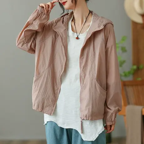 dza 纯色连帽短外套女2023夏薄款休闲开衫防晒衣宽松显瘦外搭上衣商品大图