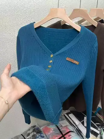 水貂一体绒加绒加厚毛衣针织打底衫女内搭秋冬季洋气修身v领上衣商品大图