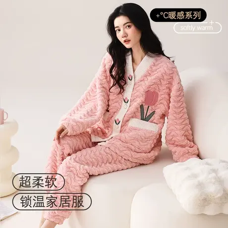 猫人珊瑚绒睡衣女冬季加绒加厚款保暖家居服法兰绒大码可外穿套装商品大图