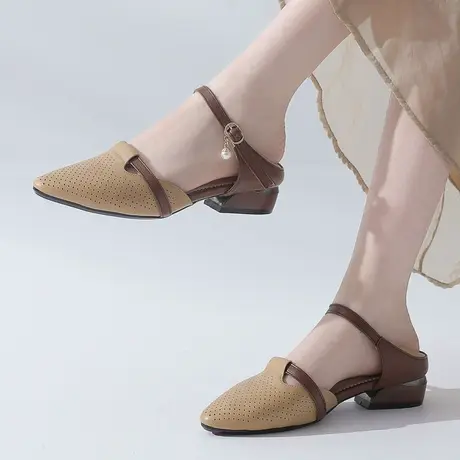 2024新款夏季真皮包头凉鞋中跟大码女鞋41一43外穿妈妈拼色配裙子图片
