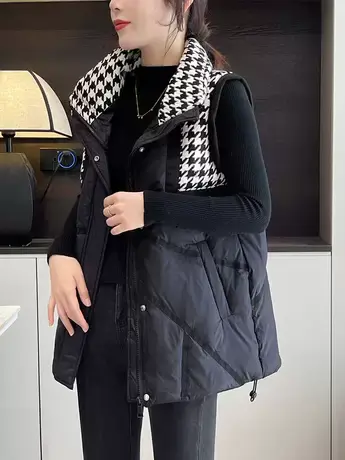 气质千鸟格拼接羽绒马甲女新款坎肩黑色外套冬季2023新款欧洲站潮商品大图
