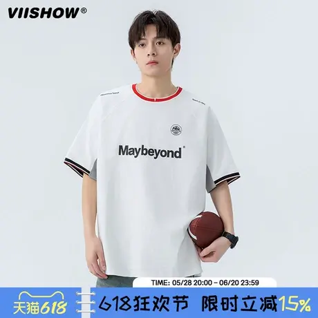 VIISHOW日系印花短袖T恤男款2025年夏季拼接潮牌宽松半袖休闲上衣商品大图