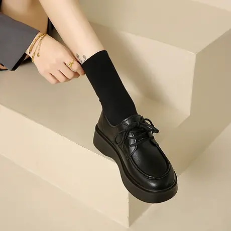 真皮系带乐福鞋女2025新款英伦风春秋厚底小皮鞋34码黑色通勤单鞋图片