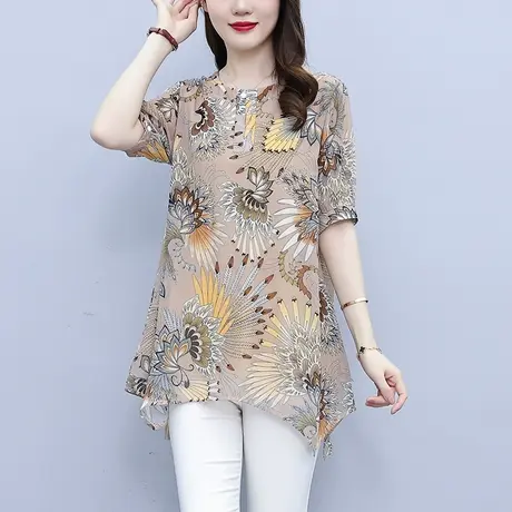 中长款短袖雪纺衫女2023夏季新款宽松显瘦遮肚子洋气减龄别致小衫商品大图