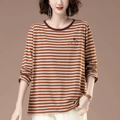 春秋季条纹长袖T恤女加大码宽松中年妈妈休闲纯棉遮肚显瘦打底衫图片