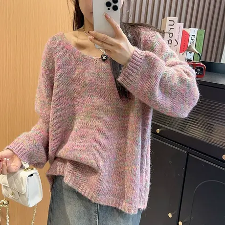 慵懒风随性软糯套头毛衣女2023秋冬新款韩系设计感混色纱针织上衣商品大图