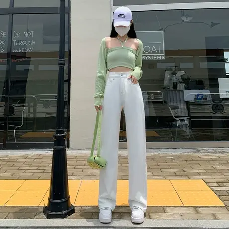 白色窄版阔腿牛仔裤女秋季爆款2023年新款设计感修身显瘦直筒裤子商品大图