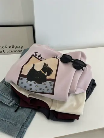 文艺可爱减龄小狗印花圆领套头卫衣女宽松慵懒风运动外套上衣秋季商品大图