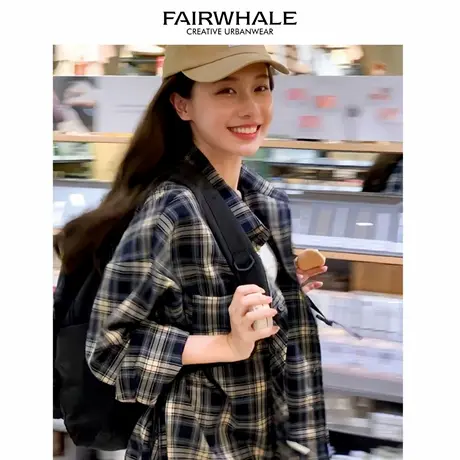 马克华菲港味格子衬衫宽松慵懒风美式复古中长款衬衣外穿开衫情侣图片