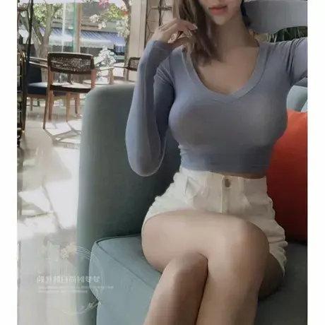 当天发性感紧身上衣微透高腰长袖打底丝棉蓝色露腰薄T女商品大图