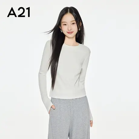 A21女装修身显瘦圆领长袖T恤秋季新款简约休闲上衣F453231006商品大图