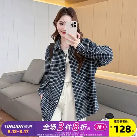 唐狮2025年新款长袖衬衫女黑白格子翻领休闲百搭上衣宽松外套潮bl图片