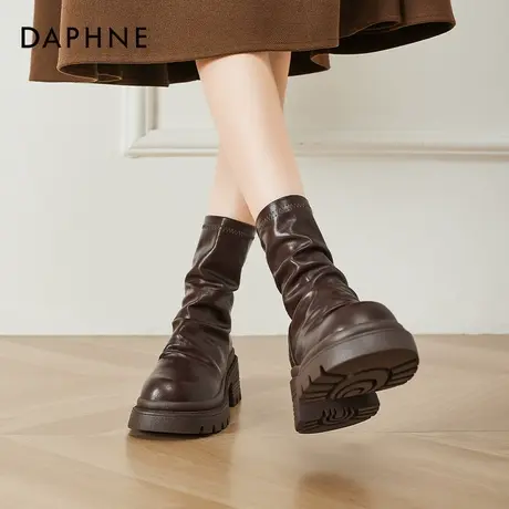 达芙妮美拉德棕色厚底短靴子女春季2026巨好看瘦瘦中筒堆堆靴增高商品大图