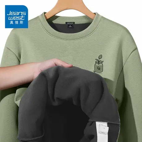 GV真维斯抹茶绿加绒卫衣男2024秋冬新款宽松加厚圆领无帽衫外套D商品大图