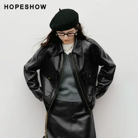 红袖2025秋季新款女装 工装风拉链浮雕扣翻领短款PU皮外套商品大图