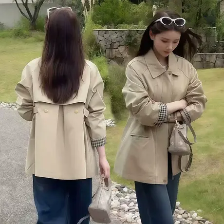 韩系休闲卡其色风衣外套女新款小个子短款设计感撞色时尚减龄上衣商品大图