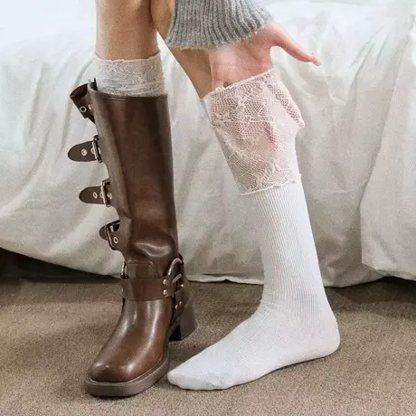 纯欲风蕾丝花边小腿袜子女春秋白色袜配靴子jk过膝袜显瘦中筒袜商品大图