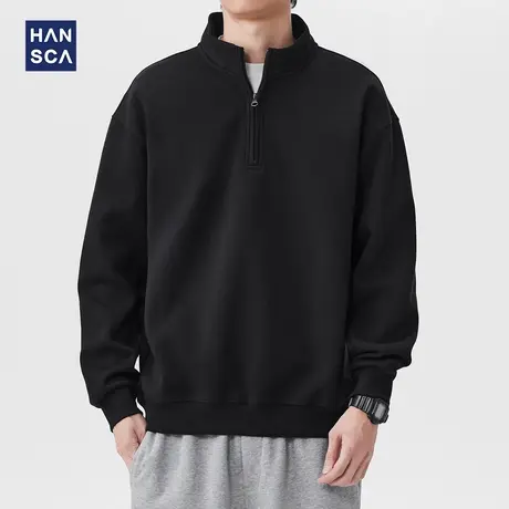 hansca日系复古半开襟立领套头卫衣男士2025新款秋季宽松黑色上衣商品大图