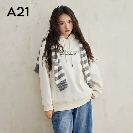 A21女装针织宽松连帽落肩套头中款绒底卫衣长袖加绒运动风套头衫商品大图