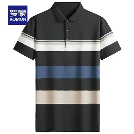 罗蒙男士时尚休闲条纹短袖衬衫2023夏季薄款简约翻领T恤中青年男图片
