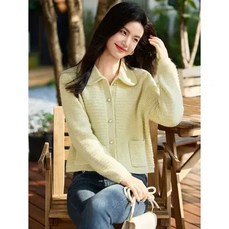 时尚气质毛衣2023年秋季新款翻领百搭温柔短款长袖小香风开衫上衣图片