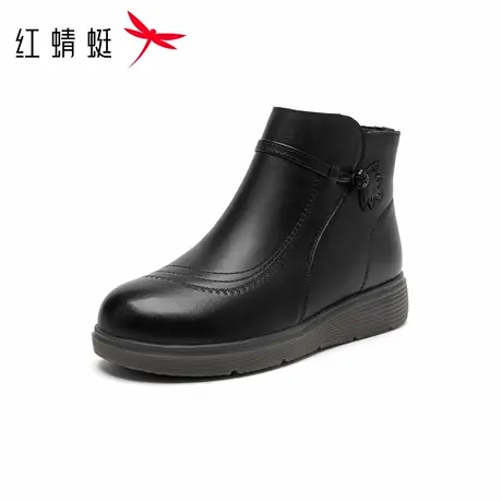 红蜻蜓棉靴女鞋2025冬季新款加绒皮靴保暖中老年妈妈靴时尚短靴图片