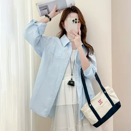 唐狮新款长袖衬衫女蓝色翻领宽松净色百搭休闲气质上衣blTM图片