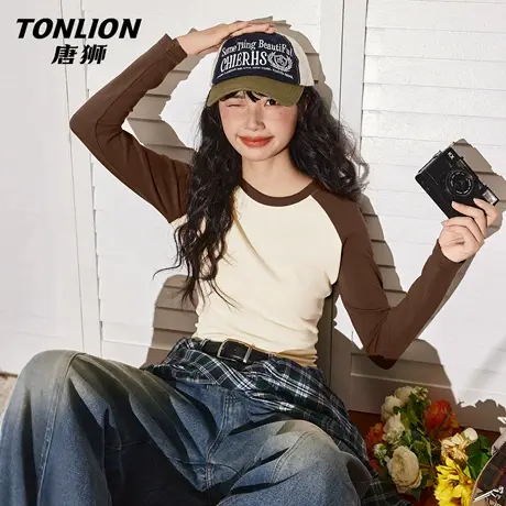 唐狮官方美拉德长袖t恤女2026新款春季撞色修身显瘦打底衫上衣VC图片