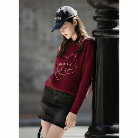 唐狮秋冬女圆领前胸大图案毛线衫女毛衣针织可爱设计感百搭TA商品大图