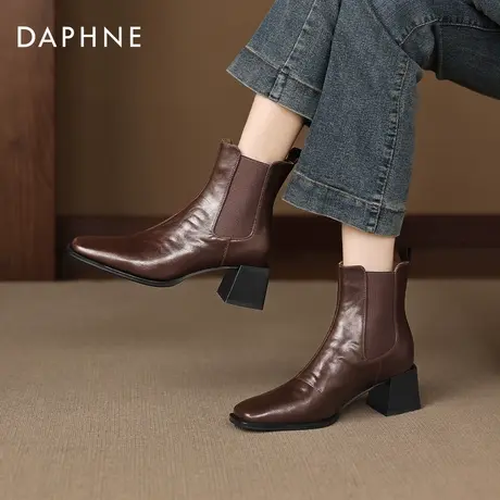 达芙妮棕色短靴子女2025新款秋冬方头弹力瘦瘦靴切尔西粗跟马丁靴商品大图