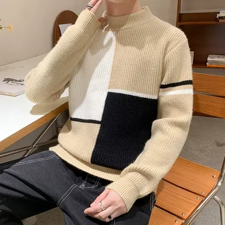 男士圆领青少年毛衣冬季加厚保暖个性打底线衣时尚潮流格子针织衫商品大图