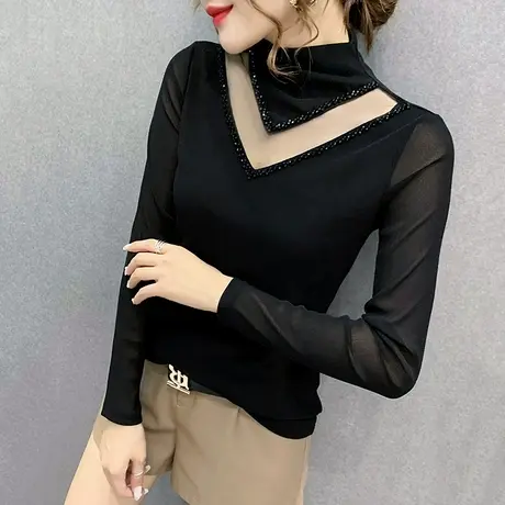 半高领内搭打底衫女秋冬百搭洋气钉珠T恤女长袖性感镂空网纱上衣商品大图