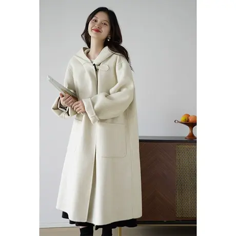 嘉茱莉新款连帽牛角扣大衣双面呢大衣外套女小个子双面羊毛外套图片